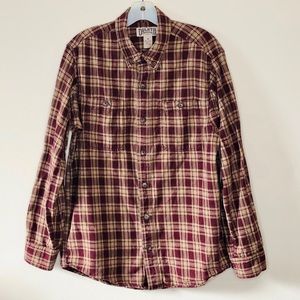 Duluth Trading Co. Tan Burgundy Plaid Cotton Flannel Button Front Long Sleeve